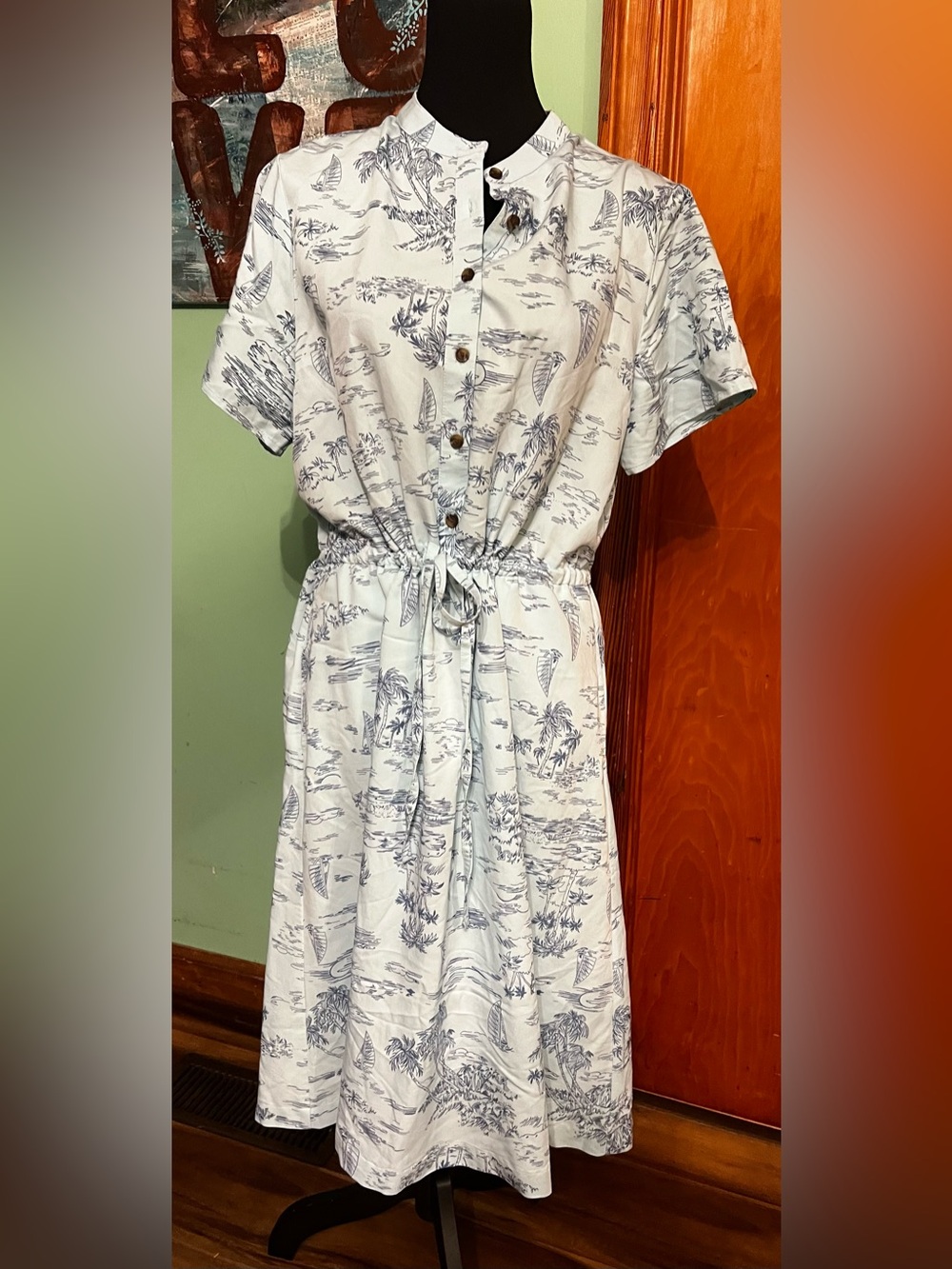 Lands' End light blue boat and Island-Print Button-Front Midi Dress